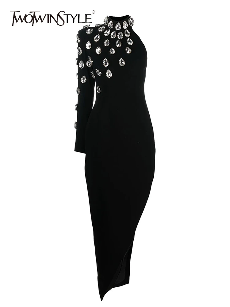 kf-S979ed9dbc5e0494db74c4f8e08ab1765z TWOTWINSTYLE Patchwork Diamonds Designer Dresses For Women Stand Collar long sleeve Temperament slimming Dress Female Fashion - Image 1