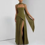 Suninheart Green Dress Women's Evening Dress with Scarf - Lace Up Back High Slit Party Maxi Bodycon Dress for Vacation Wedding