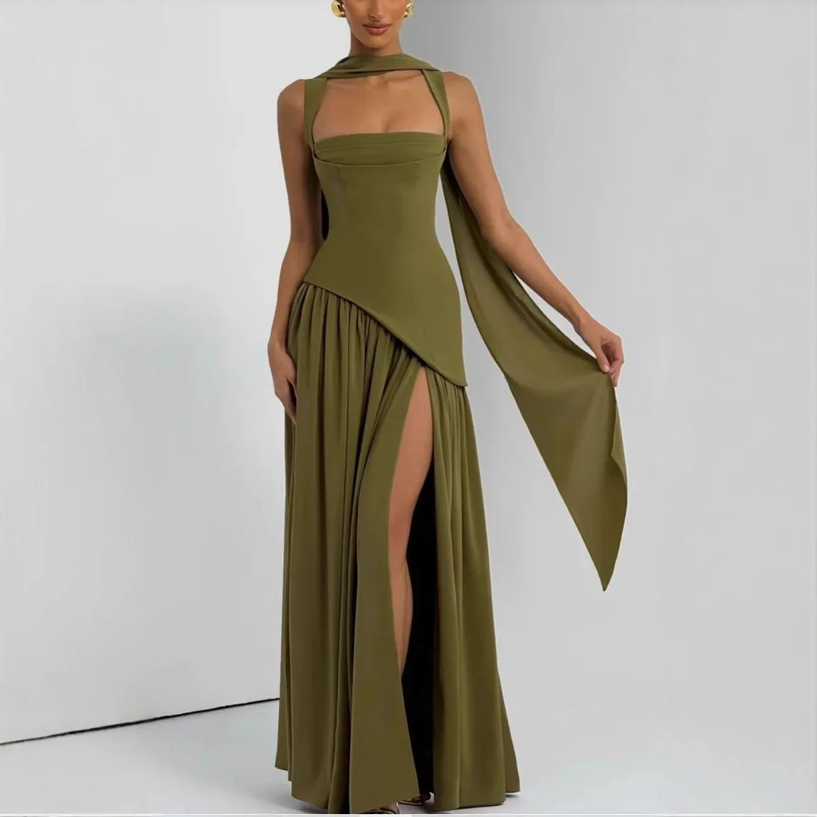 kf-S97a8ff16c0c34c1da477f564eb429f46o Suninheart Green Dress Women's Evening Dress with Scarf - Lace Up Back High Slit Party Maxi Bodycon Dress for Vacation Wedding - Image 1
