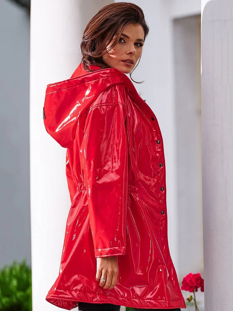 kf-S97cb8247c73046d985f3f073ff38a2e3e Women Casual Patent Leather Hooded Trench Loose Fashion PVC Long Coats Button Jackets Long Sleeve Plus Size PU Outwear Custom - Image 1