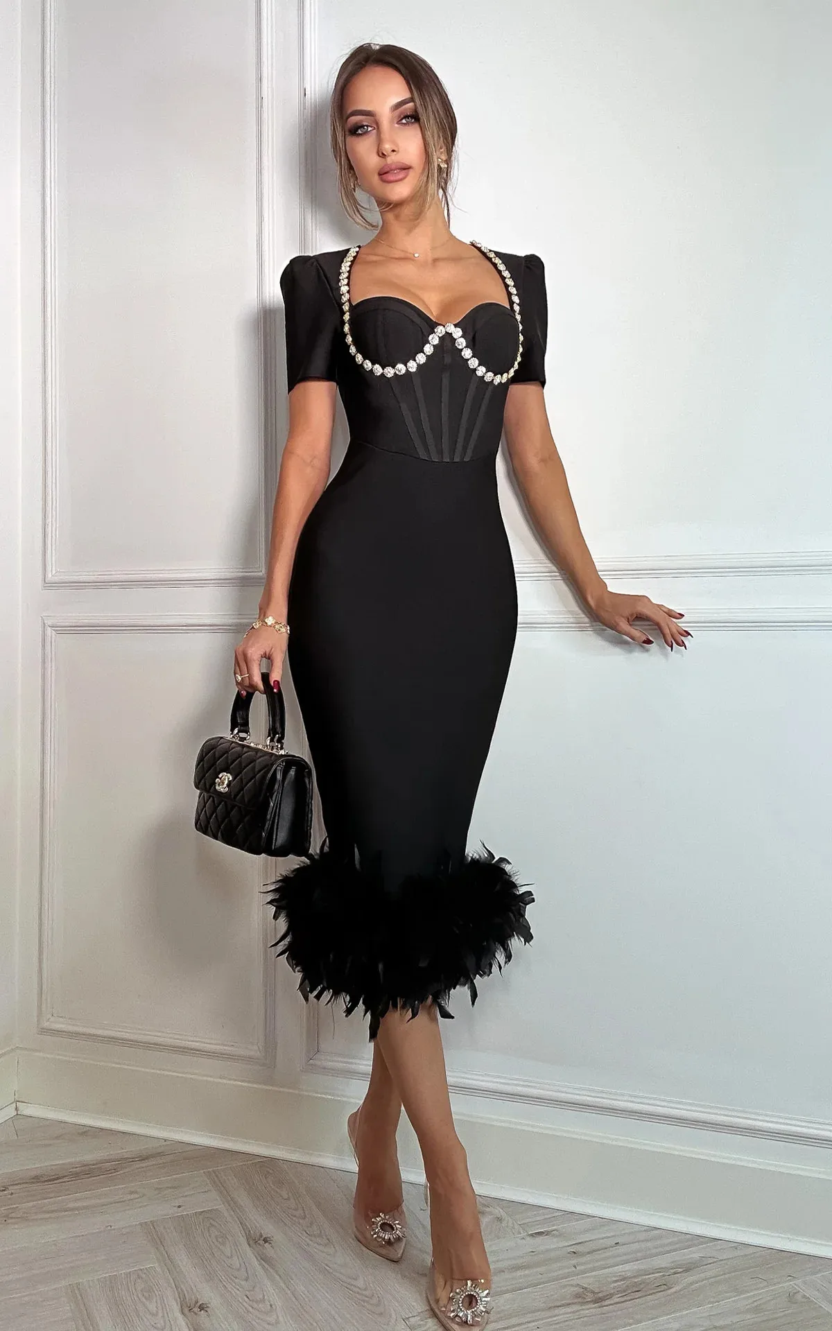 kf-S9832de58279140d6a4272b78304c92901 Black Color Women Sexy Sqaure Collar Short Sleeve Bodycon Bandage Mid-calf Dress Celebrate Evening Party Cocktail Dress - Image 1