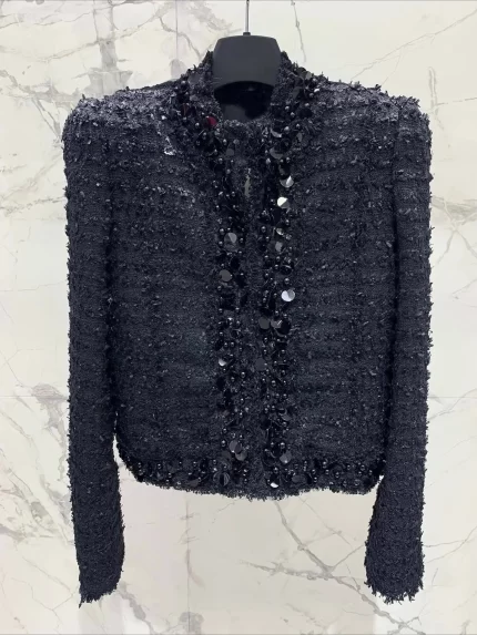 Retro round neck long sleeved nail bead slim fit women's short jacket elegant party classic vacation autumn new women's jacket