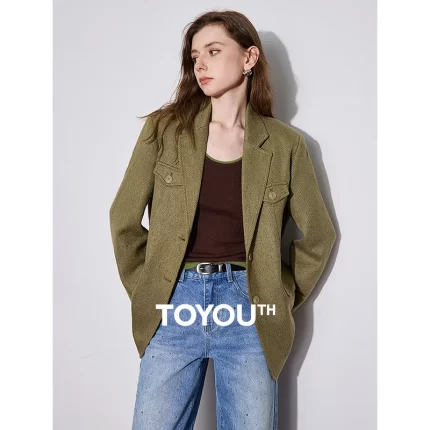 TOYOUTH Women Blazer Jacket 2024 Autumn and Winter 2024 New High-end Tailored Collar Thicking Jacket Coat