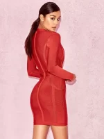 HQBORY Deep V Plunge Red Bandage Women Dress Evening Maxi Long Sleeves Black Zipper Supper Mini Dress Bodycon Party Club Vestido - Image 3