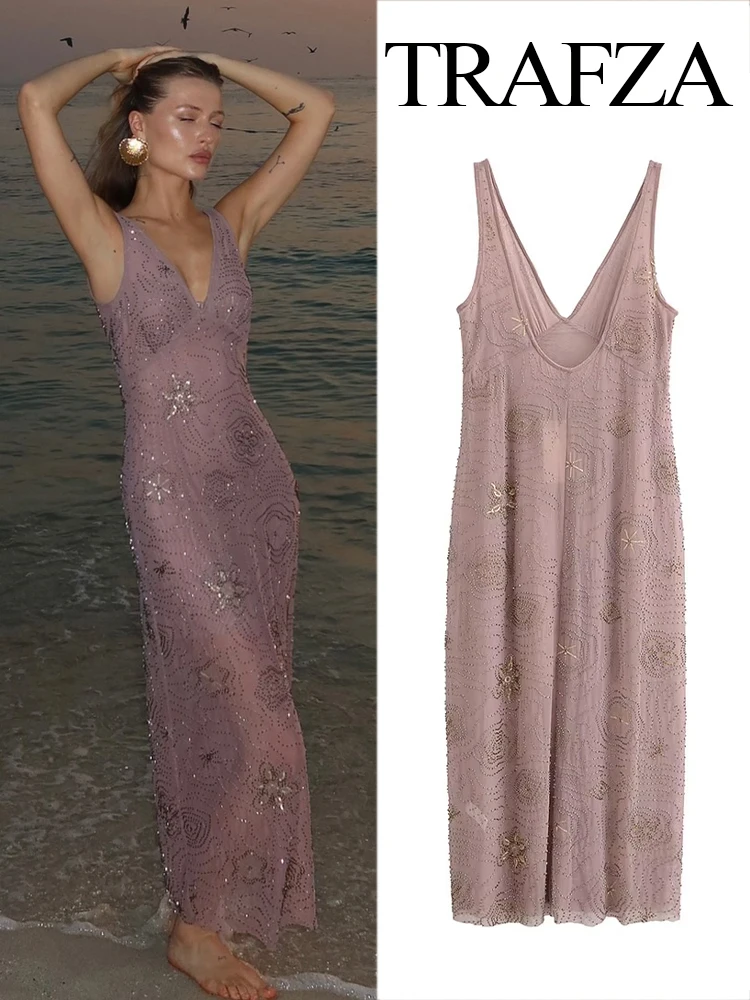 kf-S9cdadb29f41f4012934a1b035e70fcf11 HH 2025 Summer Women Elegant Sexy V-Neck Sleeveless Backless Midi Dress Woman Translucent Hem Beaded Decoration Party Dress - Image 1