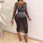 HLJ Sexy Mesh See Though Long Dress Women Long Sleeve Rhinestones Patchwork Bodycon Dress Female Nightclub Wear Vestidos 2025 - Image 2