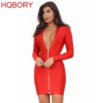 HQBORY Deep V Plunge Red Bandage Women Dress Evening Maxi Long Sleeves Black Zipper Supper Mini Dress Bodycon Party Club Vestido