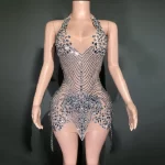 Sparkly Rhinestones Evening Prom Celebrate Birthday Dress Sexy Halter Backless Mesh Velvet Short Dress Performance Stage Wear