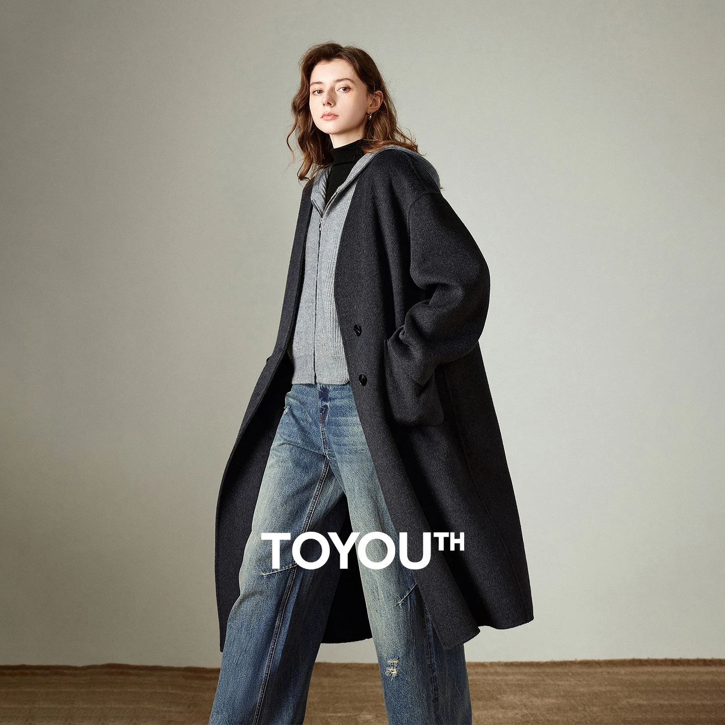 kf-Sa4ca8cec98ab45c5845203917b2219490 TOYOUTH Women Woolen Coat 2025 Winter New V Neck Mid Length Retro Female Overcoat Jacket Camel Black Gray - Image 1