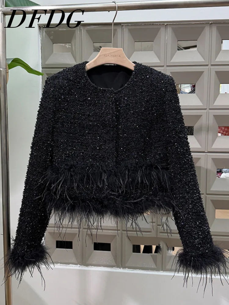 kf-Sa51478b537fd4618a9802f1f5c6202948 DFDG 2025 Spring Autumn Women's Designer Tweed Blazer Sequined Patchwork Short Jacket Luxury Office Wear Glitter Detail Coat - Image 1