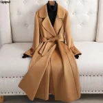 Patchwork Long Double sided 100% wool coat women 2025 spring autumn slim elegant jacket Korean Fashion casaco feminino