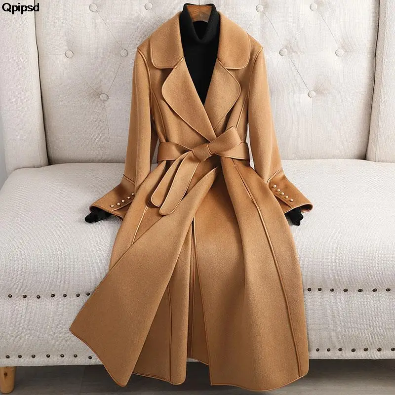 kf-Sa5684b9855be442cae760fe8a968fec4A Patchwork Long Double sided 100% wool coat women 2025 spring autumn slim elegant jacket Korean Fashion casaco feminino - Image 1
