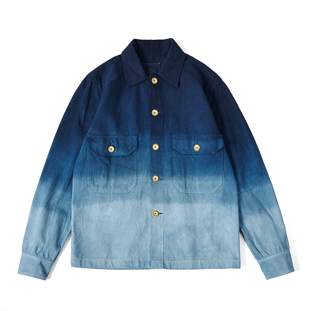 kf-Sa5f0eaa2055846dca5c5de90ad6b0320X Vintage Herringbone Cargo Indigo Jacket Men Spring Autumn New Lapel Multi-pocket Gradient Blue Dyed Jacket Casual Cardigan Coat - Image 1