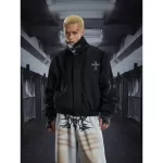 Men's Winter Padded Jacket Fur Collar Thickened Warm Loose Vintage Coat High Street Style Cross Embroidery Parka Men Streetwear - Image 4