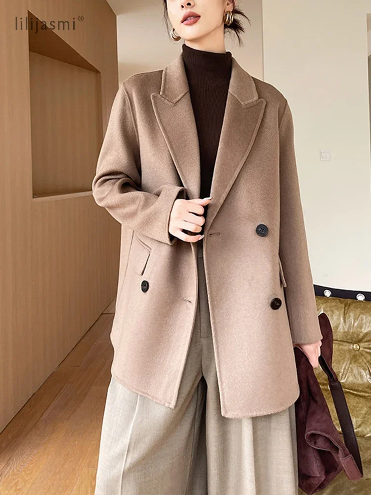 kf-Sa92ef29ee28b491bbf3efc49a0d2c343V Peak Lapel Wool Short Coat Women 100% Wool Coats Double-Breasted Autumn Winter Blazer Jacket Ladies New #25 - Image 1
