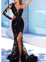 Sexy One Shoulder Long Sleeves Luxury embroidery Flower Slim Evening Dress Ready-to-wear Dresses Dress Formal Occasion Banquet - Image 2