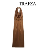 HH Women 2025 New Slim Satin Texture Solid Sleeveless Midi Dress Female Spring Hanging Neck Collar Hollow Out Long Dress - Image 3