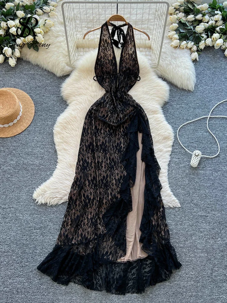 kf-Saa520f47a54449d9bc5f20ef29d46122A SINGREINY Sexy Lace High Slit Dress Ladies Trendy Sensual Deep V Neck Ruffles Lace Up Halter Backless Luxury Party Maxi Dresses - Image 1