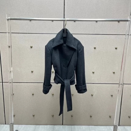 Fashionable new lapel long sleeved waistband cinched short jacket retro wool blend dark gray trench coat women's warm jacket