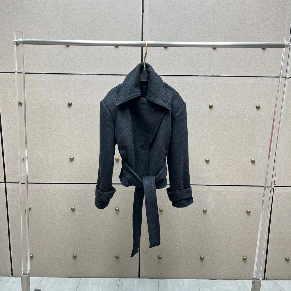 kf-Saa5ab086ae104bf7aa9c1eb7cb5c1a6co Fashionable new lapel long sleeved waistband cinched short jacket retro wool blend dark gray trench coat women's warm jacket - Image 1