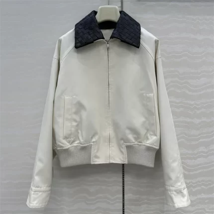 Classic black white sheepskin spliced jacket autumn new women's long sleeved detachable lapel zipper fashion khaki outerwear