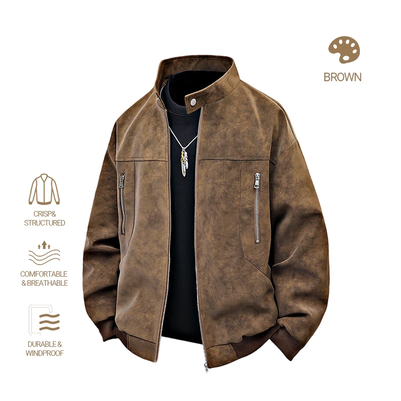 kf-Saa980edf0571448ba7ba55dc2ec294514 Men clothing PU Leather Jacket for Men winter Fashion Stand Collar Vintage Style Loose Versatile Casual Tie-Dye Men's Jackets - Image 1