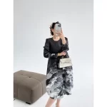 Fold Miyake Pleated Single Breasted Women's Dresses 2025 Summer New French Tie-Dye Printed V-Neck Dresses Loose Midi Dresses - Image 2