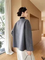 Women 100 Wool Tops Coat Fashion V-neck Short Coats Woolen Jacket Hand Sewing Autumn Winter Wool Blazer Double-Breasted #22 - Image 3