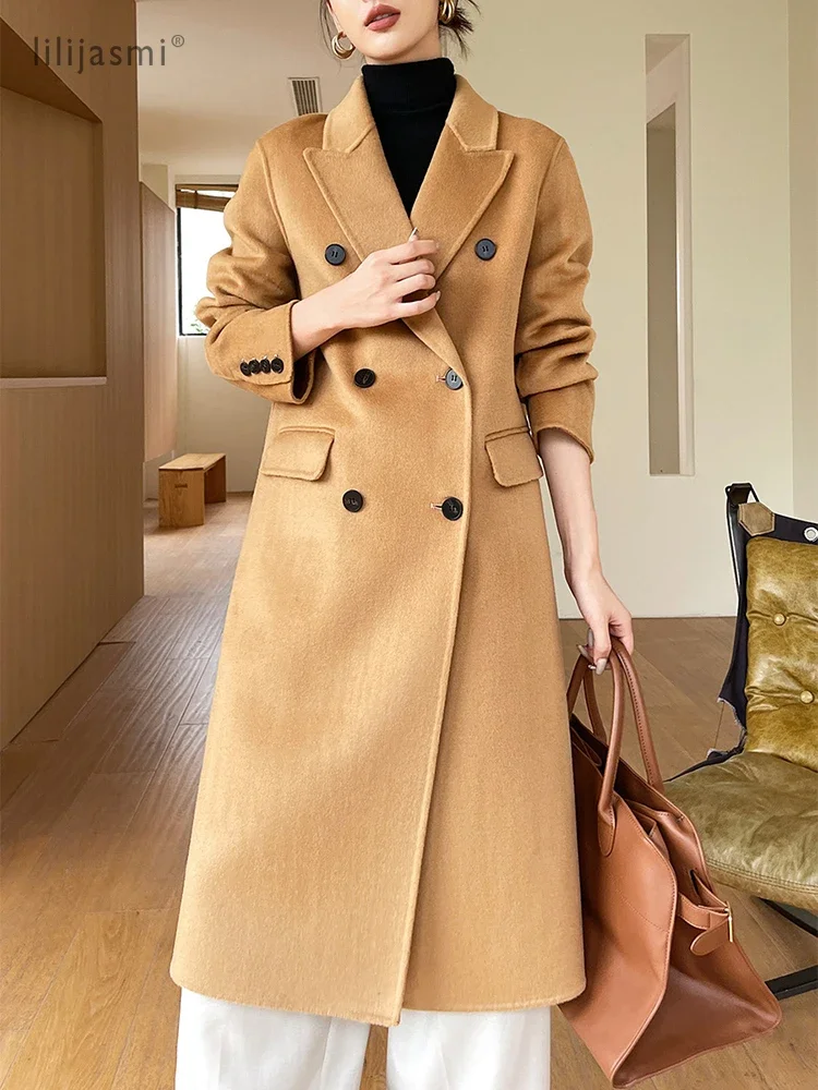 kf-Sabf8e6ebf907414d99e3cc5c80faabf1c 2024 New Wool Coat Women 100% Wool Peak Lapel Overcoat Double-Breasted Autumn Winter Long Jacket Trench Coat Ladies #26 - Image 1