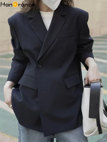 HanOrange 2025 Winter Fashion Slanted Front Back Slit Blazer Women Loose Stylish Suit Jacket Black