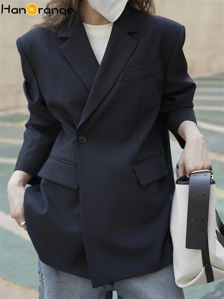 kf-Sabfb85892d4d4bdca0379df9b1a8631fM HanOrange 2025 Winter Fashion Slanted Front Back Slit Blazer Women Loose Stylish Suit Jacket Black - Image 1