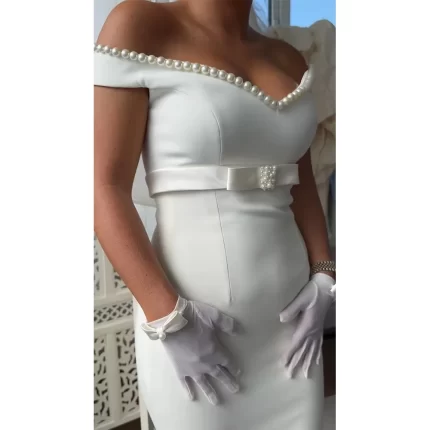 Sheath Cocktail Dresses for Women Pearls Off the Shoulder V Neck Belt Column Cocktail Gowns Ivory Short Formal Party Dress Mini