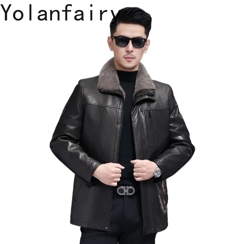 kf-Sacd30a03bfe94e3cb5554f3085d8ffc7C YOLANFAIRY Real Goatskin Genuine Leather Jacket Men Winter Mid-length Fur Coat Man Whole Mink Fur Liner Jackets Chaqueta Hombre - Image 1