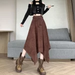 Women's Desert Vacation Outfit Retro American Black Suede A-line Midi Skirt Belt Asymmetrical Hem Brown Solid Niche Y2K Harajuku