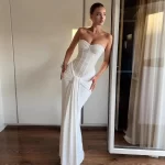 Suninheart Women Sequins Strapless Elegant Evening Dress Draped Maxi Bodycon Dress White Cocktail Party Dresses