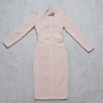 HQBORY High Quality Criss Cross Bandage Dress Long Sleeves Red 2023 For Women Office Lady Strip Bodycon Dress Nude XL Vestidos - Image 3