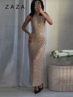 Zaza Chic Elegant Shinny Luxury Party Maxi Dress High Neck Sleeveless Slim Fit Long Robes 2025 New Lady High Street Dresses - Image 2