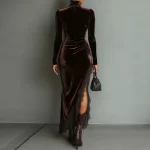 Velvet Patchwork Lace Slit Long Party Dress Woman Autumn Turtleneck Slim Pleated Boho Dress Winter Long Sleeve Hollow Maxi Dress - Image 2