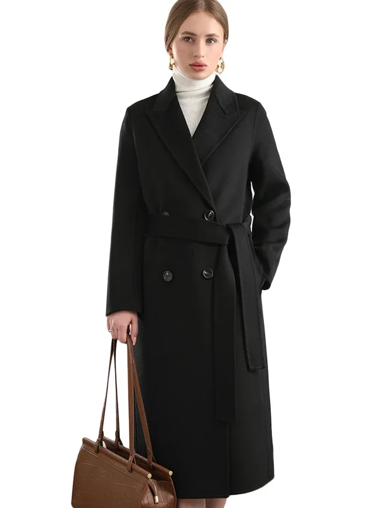 kf-Sb0f9449a4e454023a2ac7db6f026793ax Women 100% Wool Peak Lapel Overcoat Belt Double-Breasted Autumn Winter Long Jacket Trench Coat Ladies Female Clothing #19 - Image 1