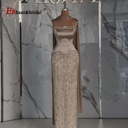 Elegant Dubai Arabia Mermaid Evening Dress for Women with shawl Strapless Beaded Formal Prom Wedding Party Gown 2025 Customized