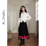 ALXNAN Plus Size Women's Black Skirt 2025 Fall Winter Casual Elegant Bow Embroidery Long Skirts A-line Female Clothing D58836