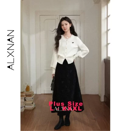 ALXNAN Plus Size Women's Black Skirt 2025 Fall Winter Casual Elegant Bow Embroidery Long Skirts A-line Female Clothing D58836