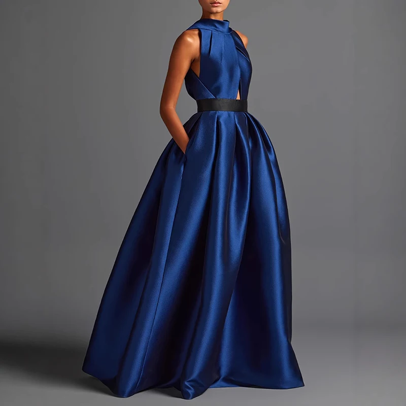 kf-Sb54b59730f0d435497b1eb898bb1bb65B Robes for Woman Elegant Halter Satin Party Dresses Spring Sexy Draped Solid Lace-up Long Dress Summer Hollow Bohemian Maxi Dress - Image 1