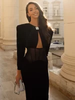 VC Elegant Black Diamond Maxi Evening Dress with Mesh Corset Waist and Jewel Detail – Long Sleeve Formal Evening Gown - Image 2