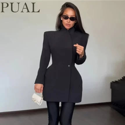 PUAL 2025 Spring New Women's Elegant Blazer - Korean Style Hourglass Silhouette Waist-Cinching Slim-Fit Suit Jacket, Office Work
