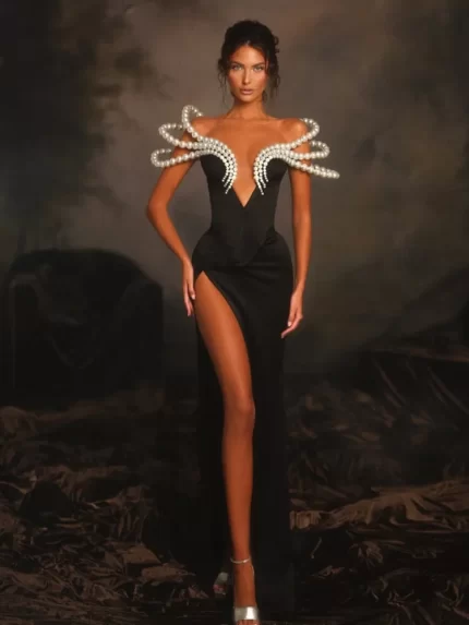 Women Celebrity Sexy Off Shoulder Pearl Black Maxi Long Bandage Bodycon Dress 2025 Elegant Evening Club Party Outfit