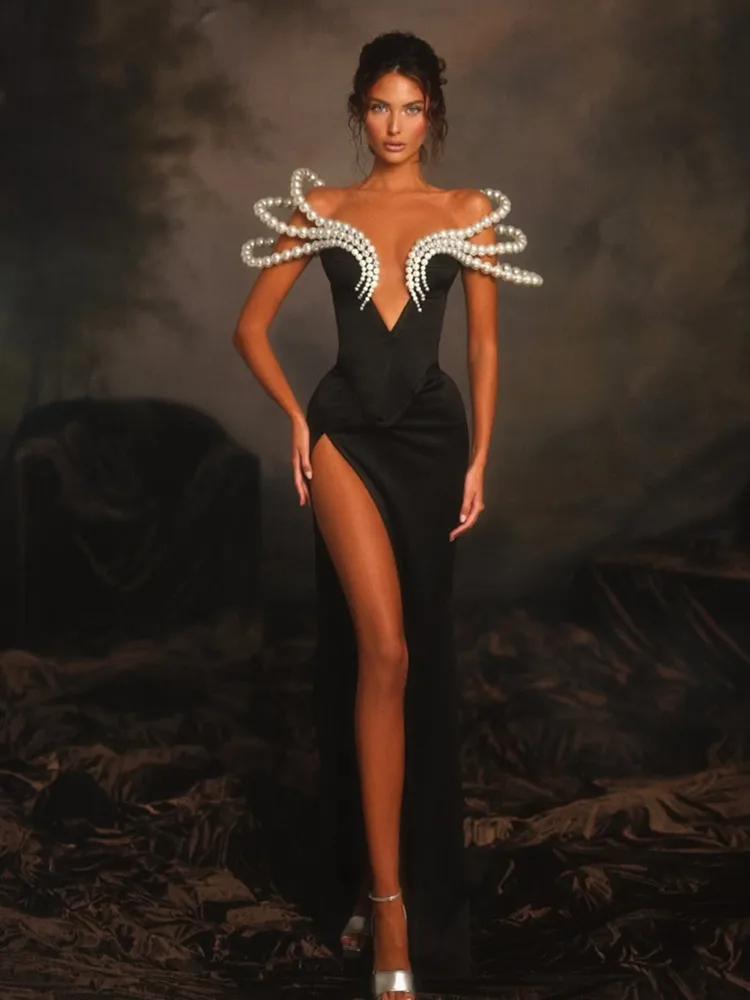 kf-Sb61bc2b6619044ff9ee96f93bf8c4bc9j Women Celebrity Sexy Off Shoulder Pearl Black Maxi Long Bandage Bodycon Dress 2025 Elegant Evening Club Party Outfit - Image 1
