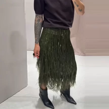 Glittering Embroidered Skirt for Women Chic Irregular Tassel Hem Half-length Dress 2025 New High Waist A-Line Shiny Party Skirts