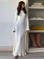 Tossy Knitwear Lace-Up Ruffled Long Dress For Women Patchwork Ribbed Loose Fashion Bandage Elegant Dress Female Knit Maxi Dress