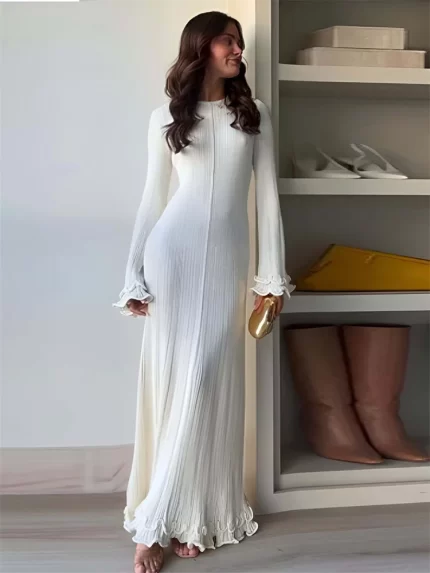 Tossy Knitwear Lace-Up Ruffled Long Dress For Women Patchwork Ribbed Loose Fashion Bandage Elegant Dress Female Knit Maxi Dress